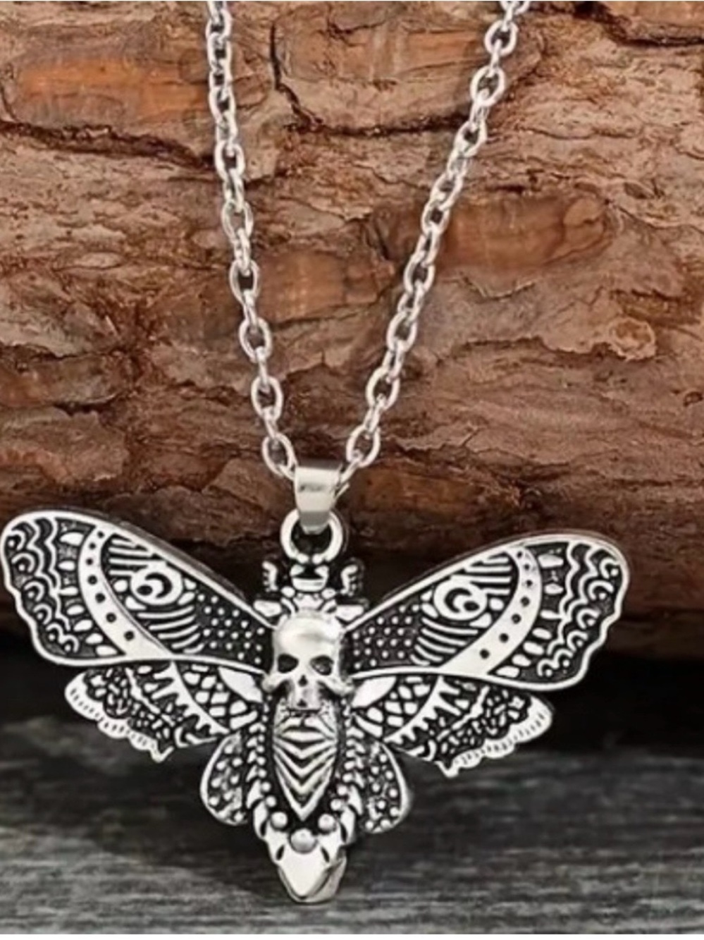 Silver Moth Skull Pendant Necklace - Women Jewelry